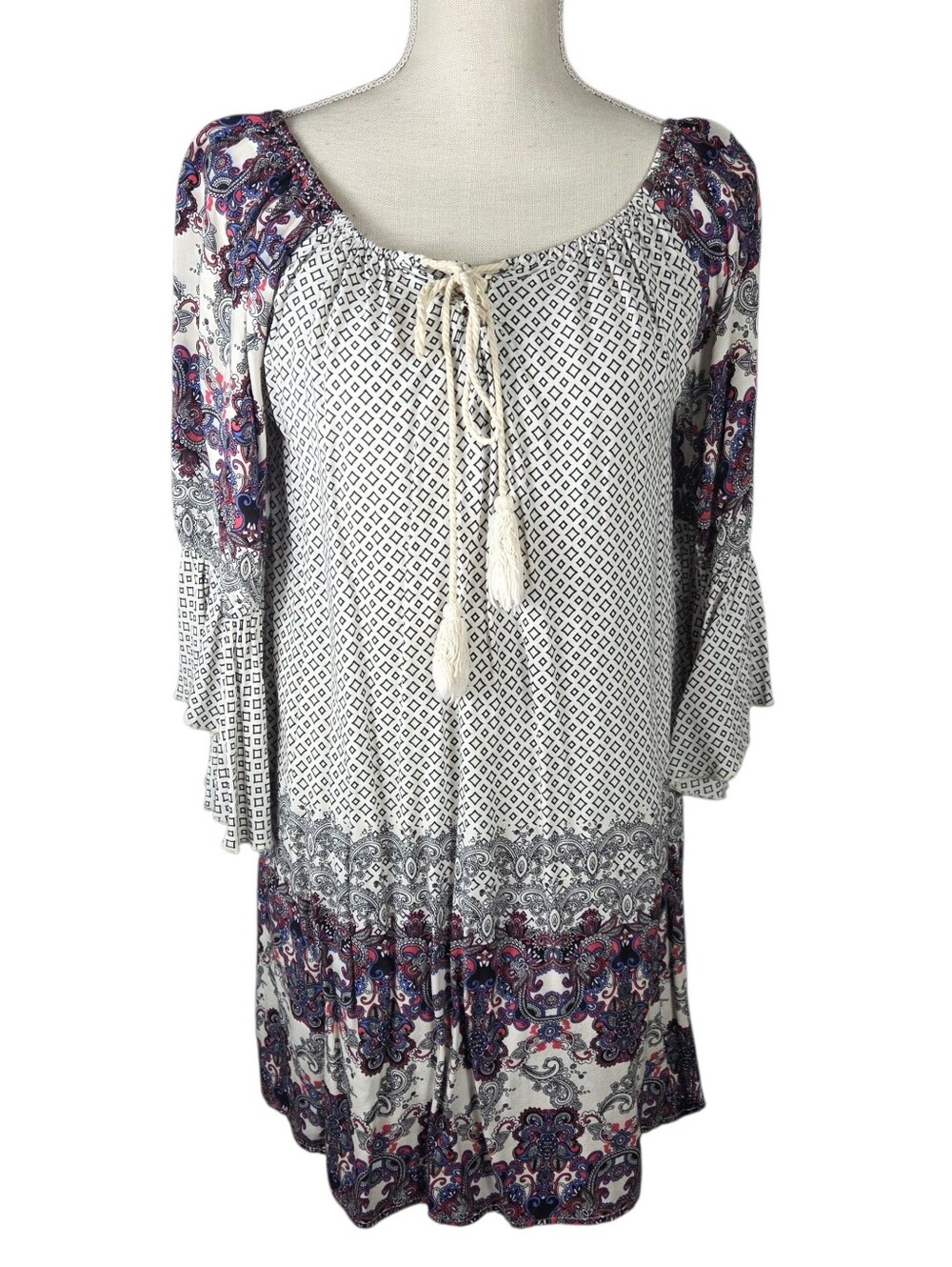 Umgee Baby Doll Dress Medium Purple/White -Bell Sleeves -Geometric/Paisley Print
